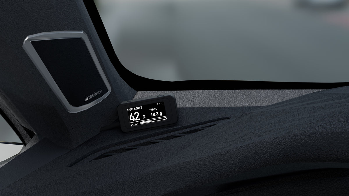 DPF Controller display on the dashboard next to the driver's A-pillar