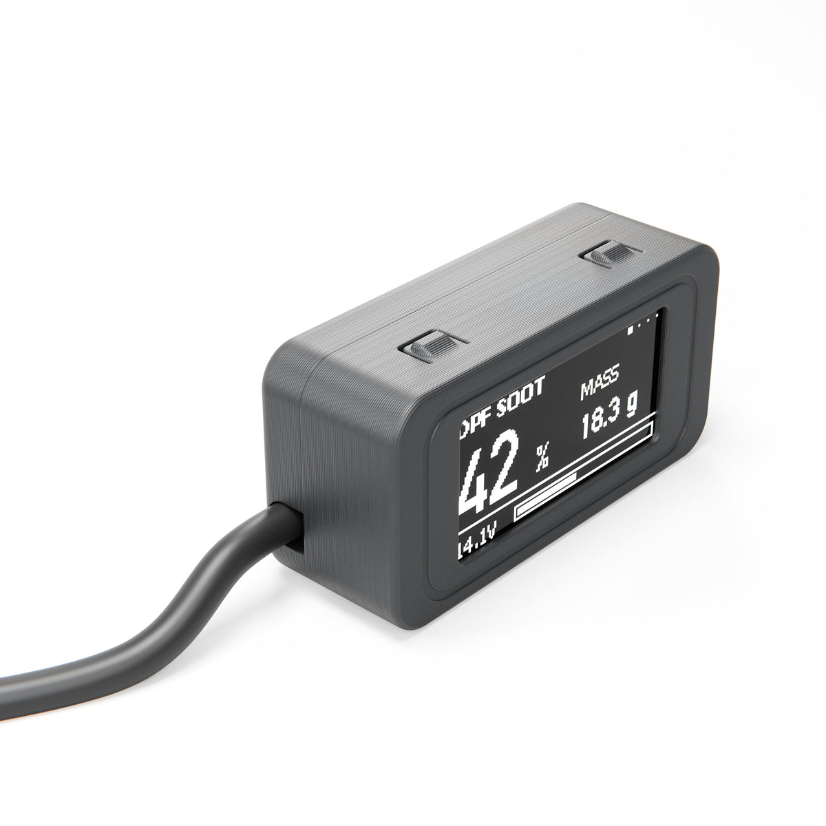 DPF Controller display from the side, with two buttons on top and the cable entry