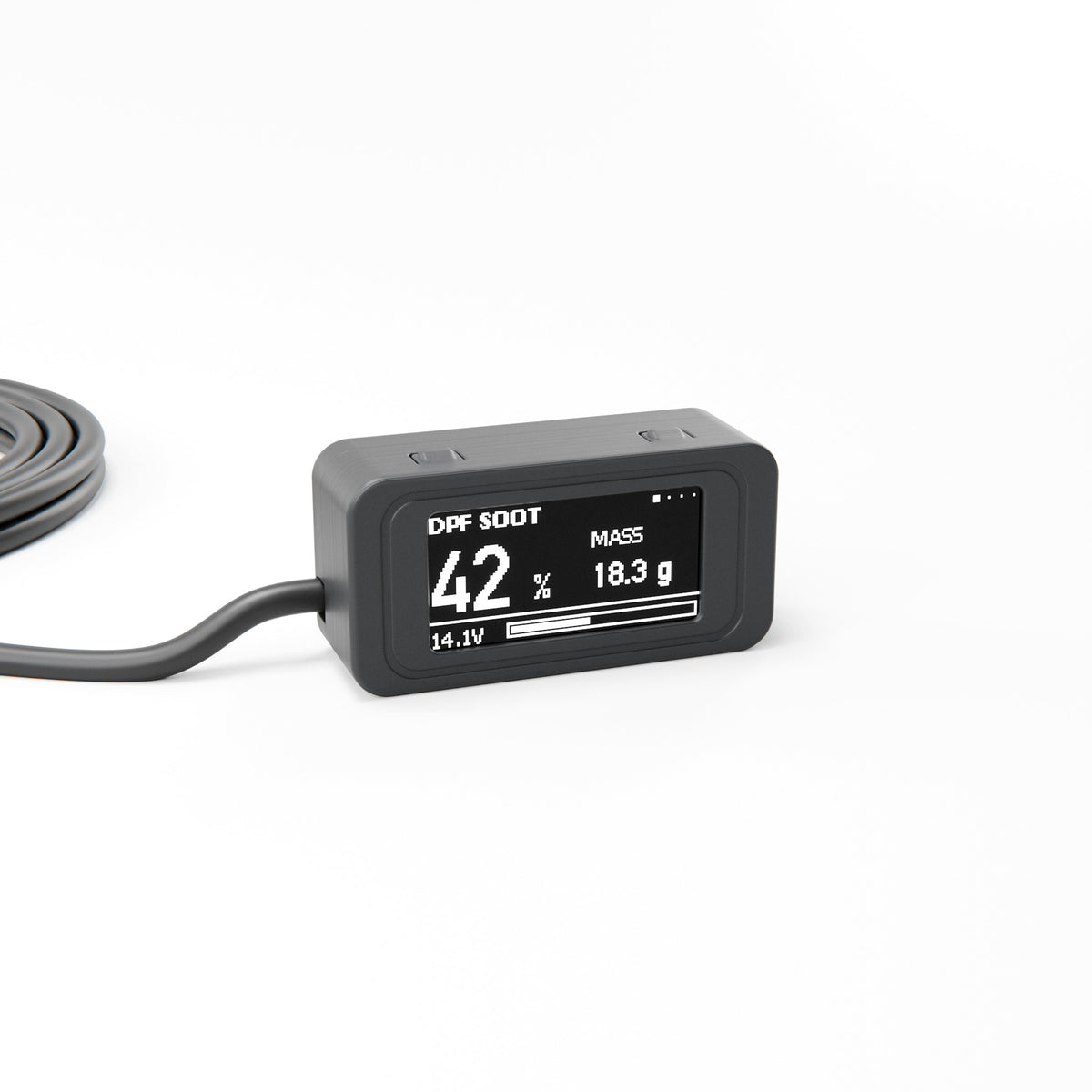 DPF Controller OLED display showing the DPF soot load in % and grams