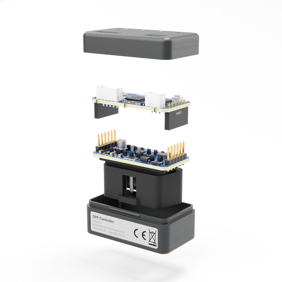 Exploded view of the DPF Controller OBD2 unit: lid, two circuit boards, OBD2 plug and base