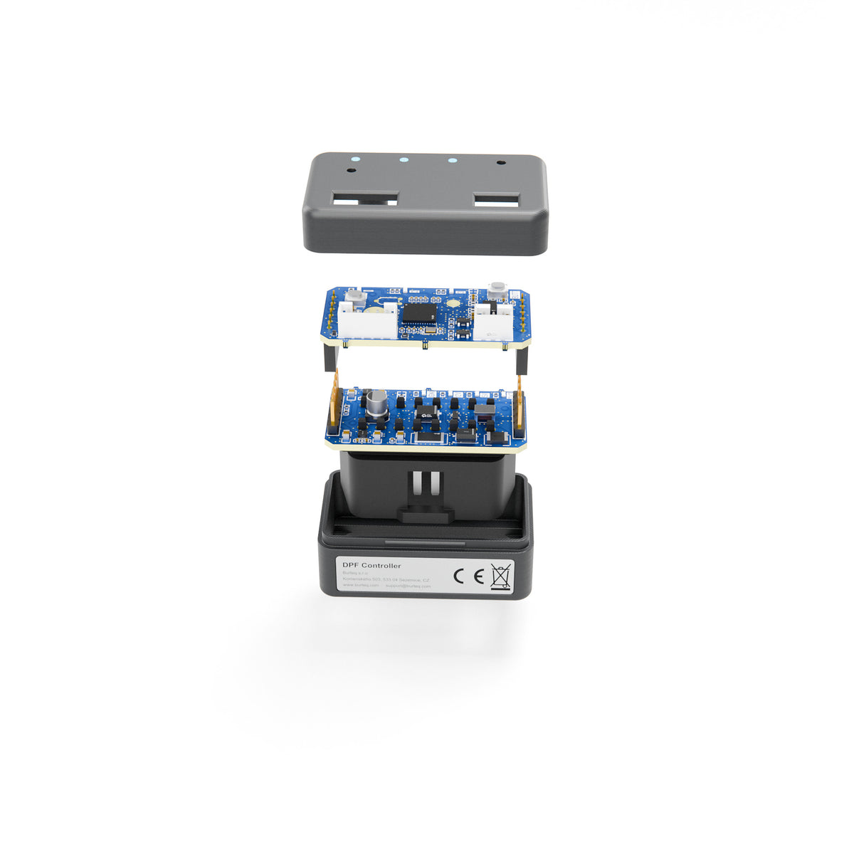 Inside the DPF Controller OBD2 unit: lid, two stacked circuit boards and base