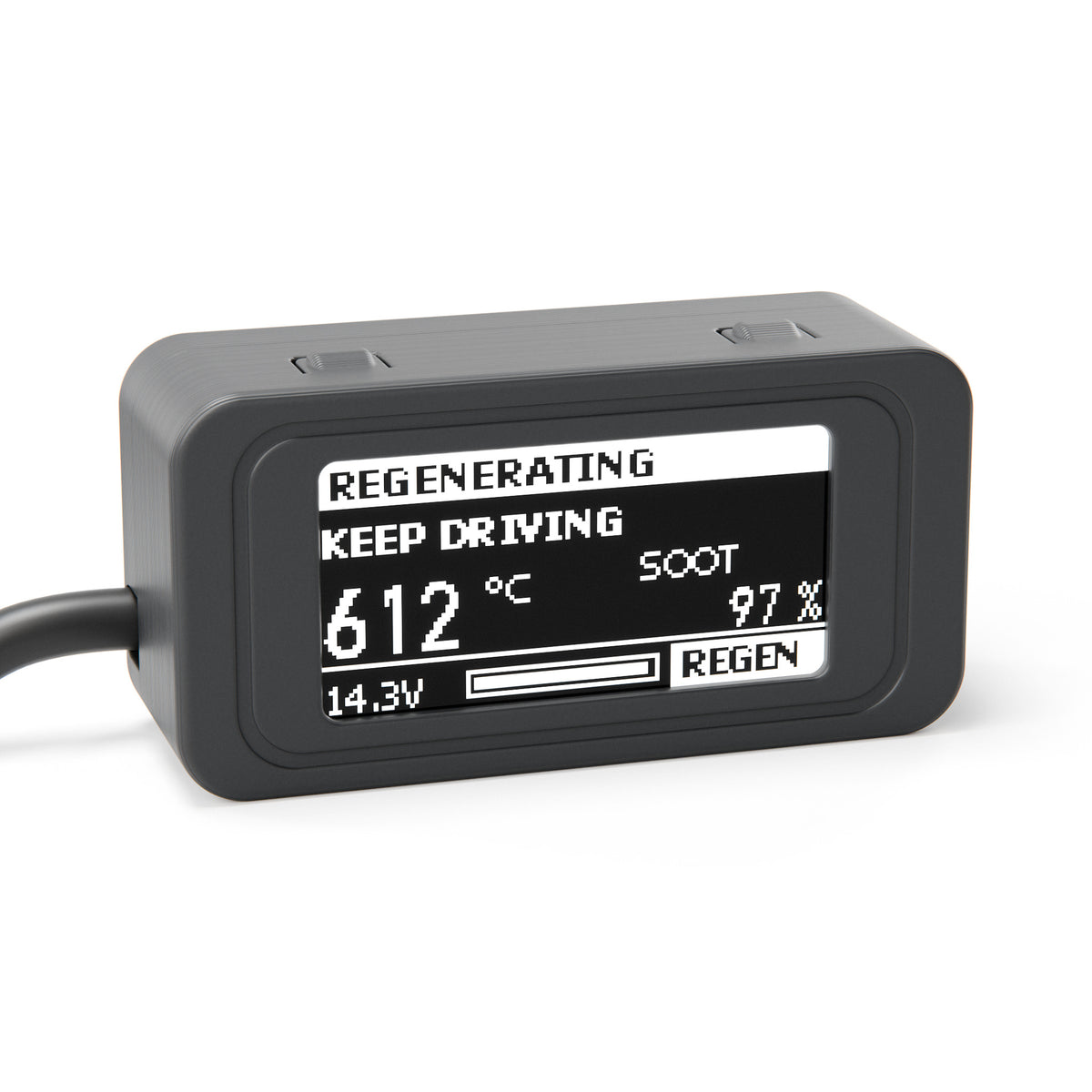DPF Controller display during a regeneration: keep-driving alert, DPF temperature and a full soot bar
